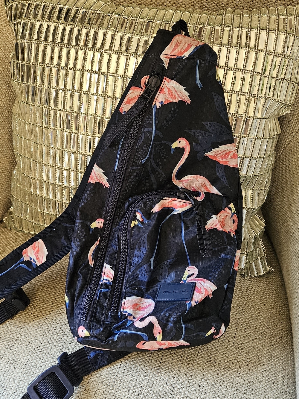 Vera Bradley Black Sling Backpack with Pink Flamingo Print